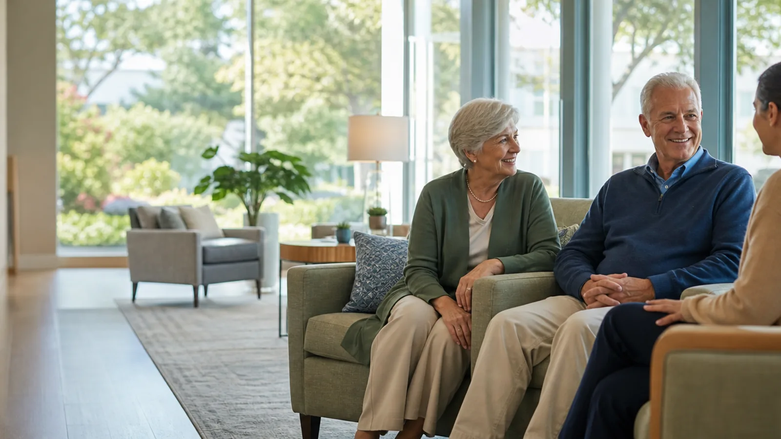 Older adults speaking with a senior living team member in a welcoming common room